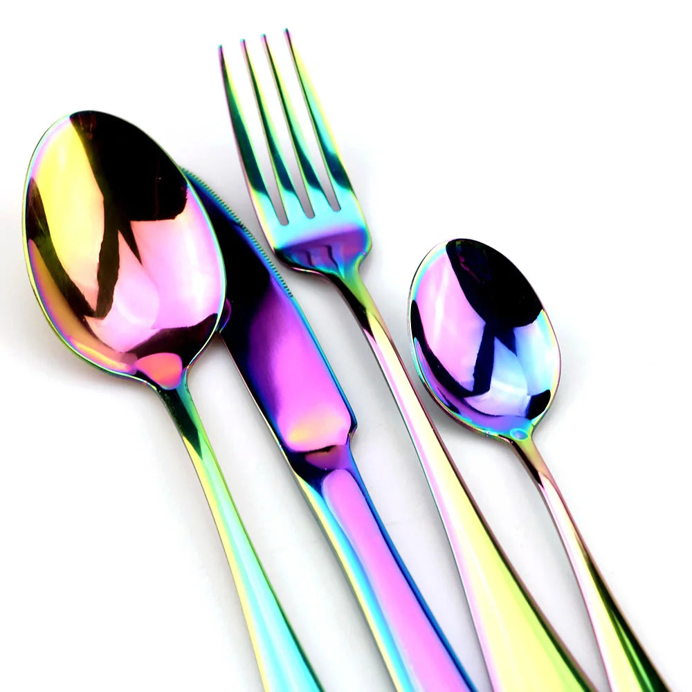 JANKNG Stainless Steel Dinnerware Set Rainbow Colorful Cutlery Dishwasher Safe Dinner Western Tableware Kitchen Accessories