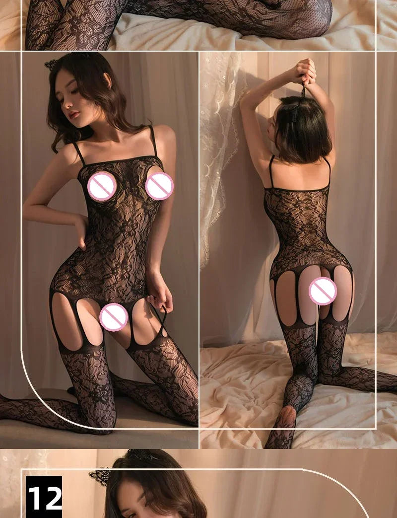 Transparent Fishnet Women Bodystockings Sexy Lingerie Open Crotch Hot Bodysuit Erotic Crotchless Sling Black Exotic Costumes