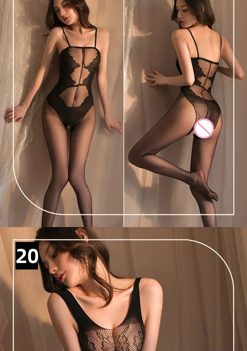Transparent Fishnet Women Bodystockings Sexy Lingerie Open Crotch Hot Bodysuit Erotic Crotchless Sling Black Exotic Costumes