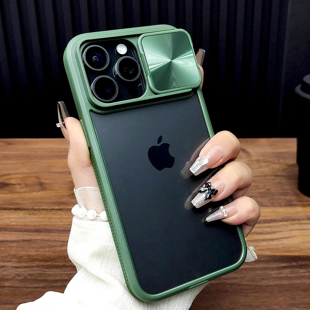 Luxury Slide Cap Camera Cover Case For iPhone 17 Air 16 15 14 13 12 Pro Max 16Pro Shockproof Transparent Clear Hard Full Cover