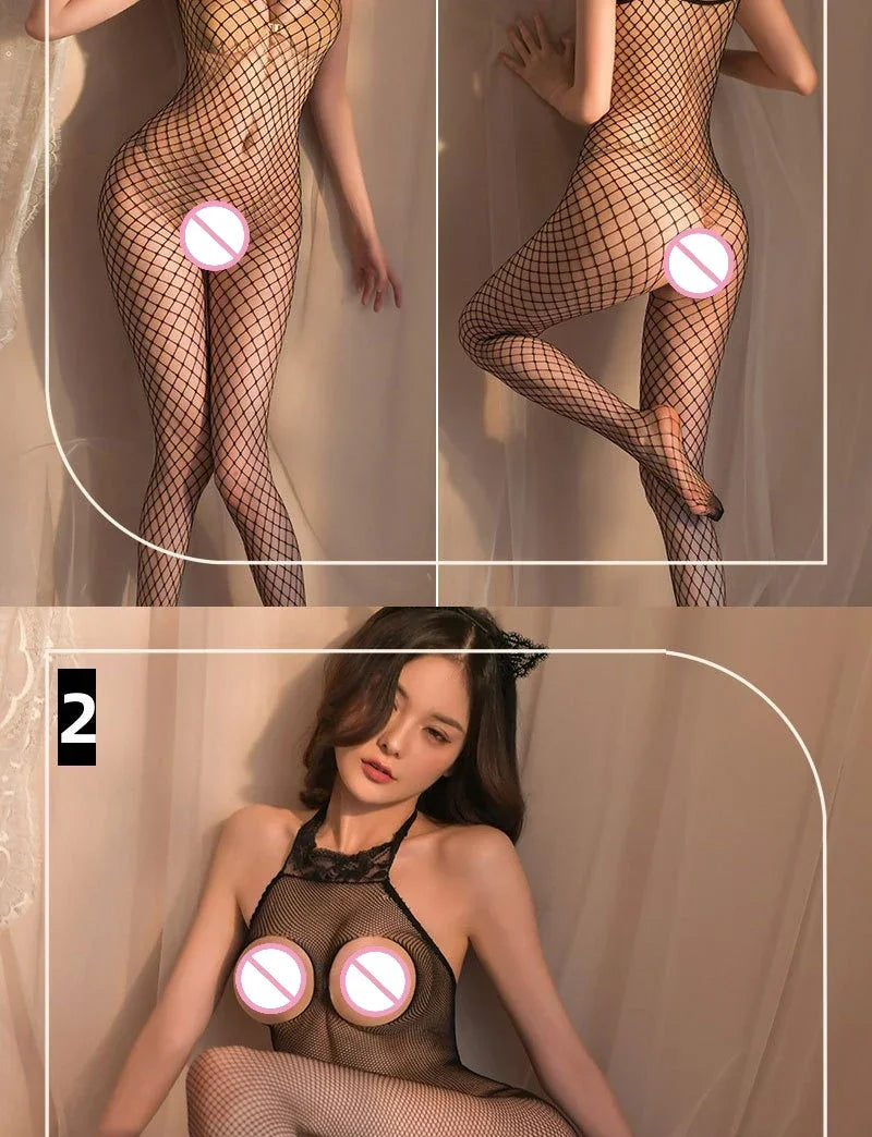 Transparent Fishnet Women Bodystockings Sexy Lingerie Open Crotch Hot Bodysuit Erotic Crotchless Sling Black Exotic Costumes