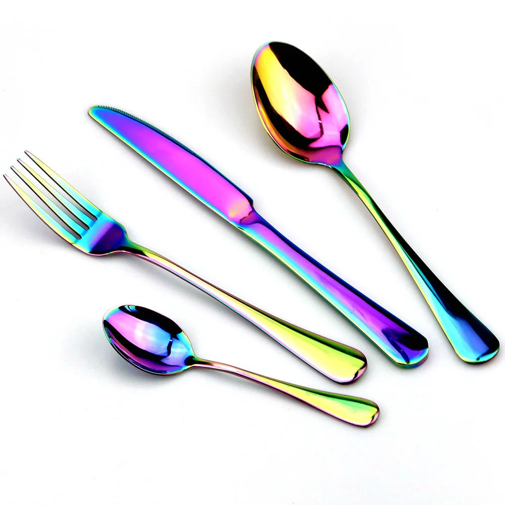 JANKNG Stainless Steel Dinnerware Set Rainbow Colorful Cutlery Dishwasher Safe Dinner Western Tableware Kitchen Accessories