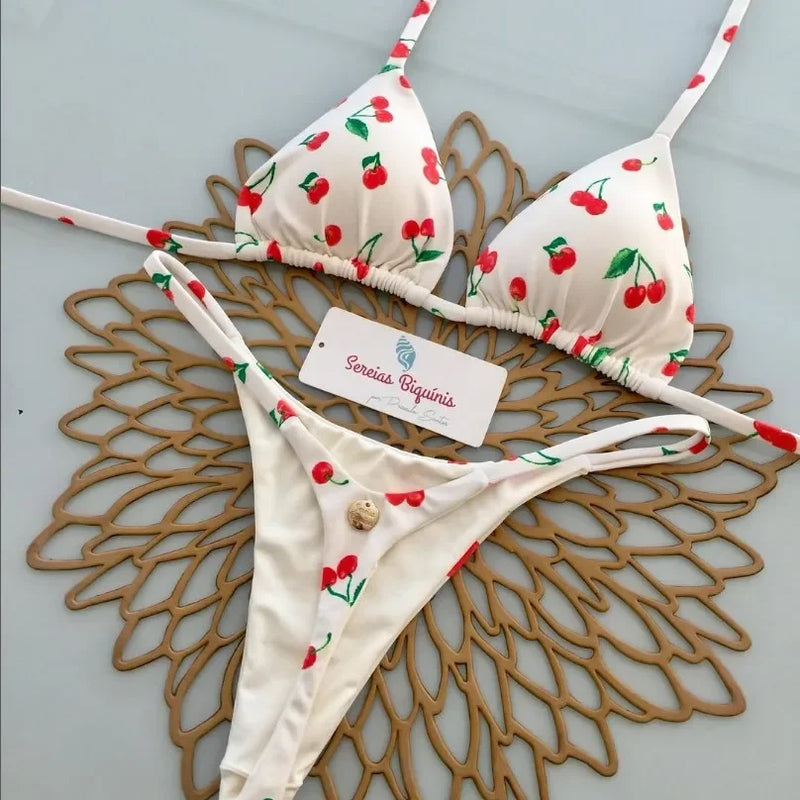 Print Sexy Bikini Sets Halter Lace-up Tops Thongs Beach Style Bathing Suit Y2k Swimsuits Women Beachwear Купальник Женский 2025